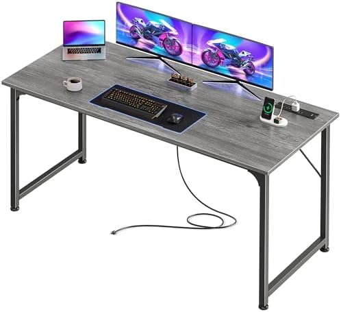 PRAISUN 55 X 20 Inch Computer Desk, Power Outlets, USB-C, Grey by PRAISUN