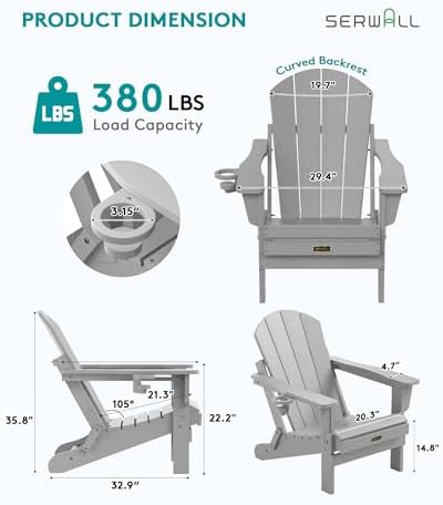 SERWALL Folding Adirondack Chair Set of 6 with Cup Holder - Light Gray - Image 2