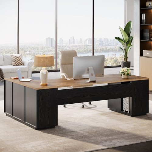 Tribesigns 85.8-Inch L-Shaped Executive Desk, Warm Brown & Black - Image 3