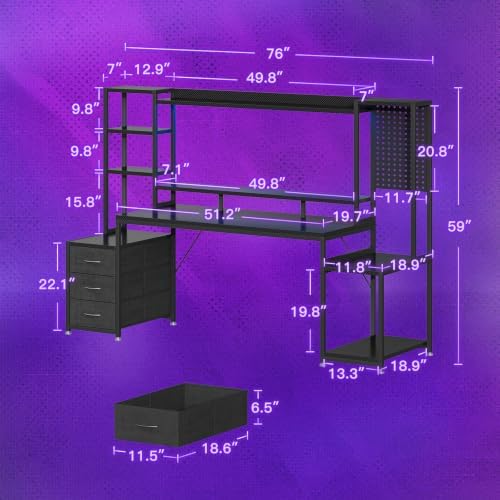 AODK 76 Inch Gaming Desk with Storage Shelves, LED Lights, 3 Drawers - Image 3