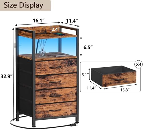 Furnulem Night Stand with Charging Station, 4 Drawer Tall Bedside Table - Image 3