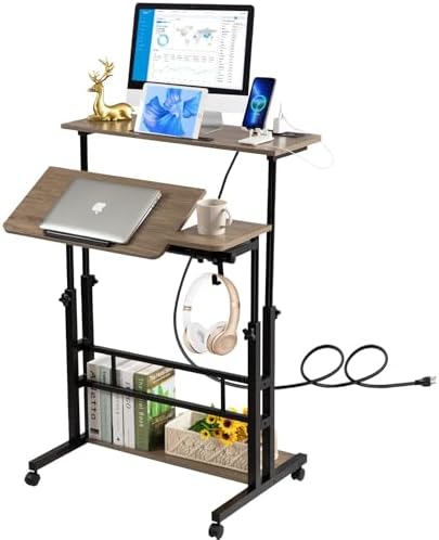 Hadulcet Rolling Stand Up Desk Adjustable Height - Portable Standing Desk with Wheels & Charging Station, Mobile Laptop Desk Small Standing Desk Drawing Table, Grey by Hadulcet