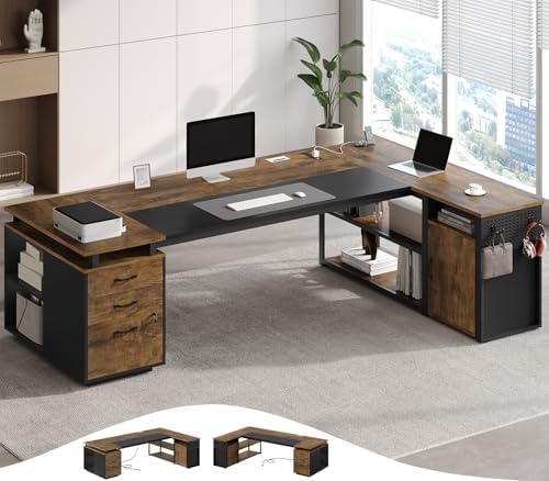 78" Executive Desk with Lockable File Cabinet, L Shaped Office Desk with Power Outlets, Large Executive Desk with Drawers and Storage Shelves, Reversible Computer Desk, Rustic Brown by Unknown