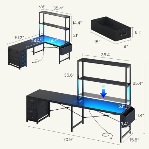SEDETA L Shaped Gaming Desk, 51.2" Reversible Small Corner Desk with 4 Drawer, Power Outlet & LED Lights, Home Office Desk with Storage Shelves for Small Space, Black - Image 2