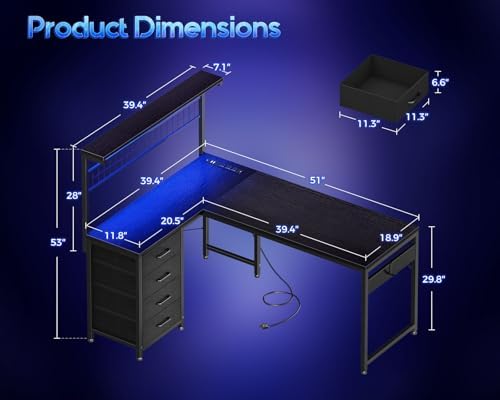 MOTPK 51" L Shaped Gaming Desk with Shelf & 4 Drawers, Black - Image 2