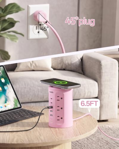 Power Strip with USB Ports,Extension Cord with Multiple Outlets (12AC+3A+2C), 6.5 FT Desk Pink Power Strip Tower Charging Station for Home, Office, College Dorm Essentials - Image 5