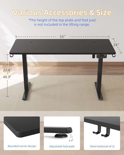 YIHAYO Electric Standing Desk, 55 x 24 Inches Stand Up Desk with Splice Board, Adjustable Height Desk, Computer Desk for Home Office, Black Frame/Black Top - Image 2