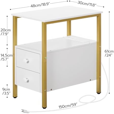 HOOBRO End Table with Charging Station, Narrow Side Table with 2 Drawer & USB Port & Power Outlets, Nightstand for Small Spaces, Stable and Sturdy, for Living Room, Bedroom, Gold and White DW541BZ01 - Image 3