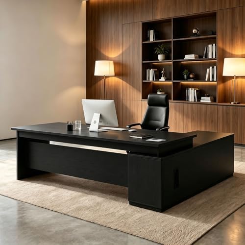 L Shaped Executive Desk with Drawers, Large Wood Workstation, Modern Executive Office Furniture for Home Office and Business Workspace, Multiple Sizes & Colors by Unknown