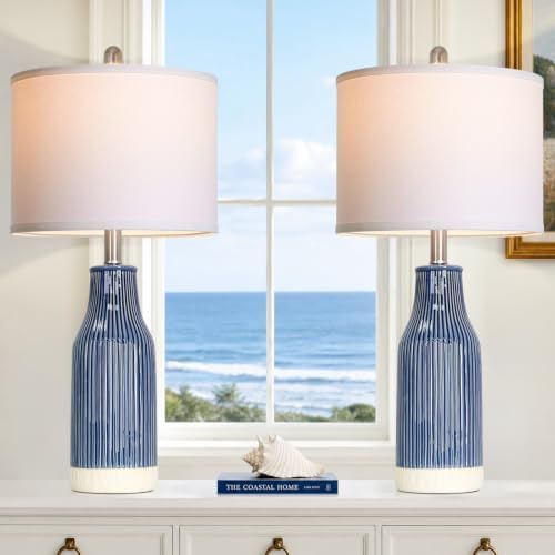 24.5" Blue Ceramic Table Lamps Set of 2 for Bedroom, Modern Table Lamps for Living Room End Table, Small Farmhouse Bedside Lamps for Nightstands (2 LED Bulbs Included) by Luxeflow