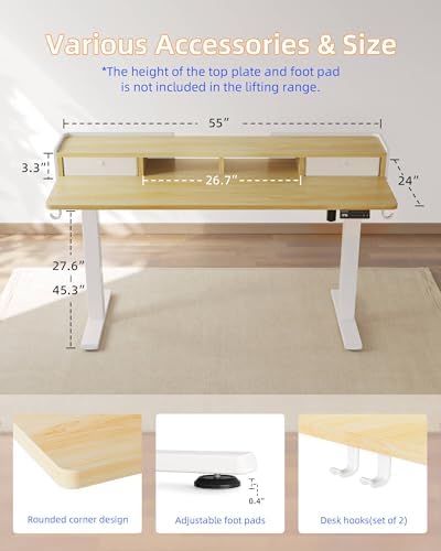 YIHAYO Electric Standing Desk with Drawers, 55 x 24 Inches Adjustable Desk with Storage Shelf, Stand Up Desk with Splice Board, Computer Table for Home Office, White Frame/Natural Top - Image 3