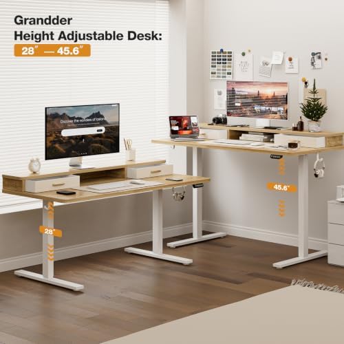 Grandder Electric Standing Desk with Two Drawers, Sit to Stand Up Height Adjustable Desk with Storage Shelf for Home Office, 63 * 24 Inch, Study, Ergonomic Adjustable Computer Desk, Oak - Image 4
