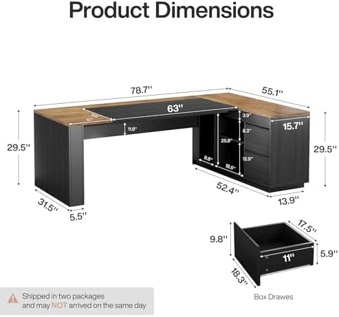 Tribesigns 78" L Shaped Executive Desk with Drawers, Large Office Computer Desk with Cabinet and Storage Shelves, Modern Business Furniture Sets Workstation for Home Office (Brown&Black) - Image 2