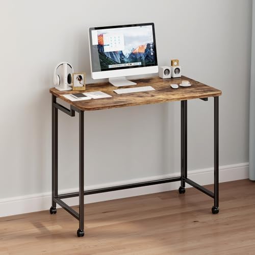 JSB Folding Desk for Small Spaces,Mobile Portable Rolling Laptop PC Table on Wheels,Foldable Computer Desk for Home Office,Bedroom,Dorm,Space Saving (Rustic & Brown, 27.6") - Image 6