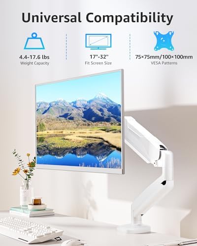 MOUNTUP Single Monitor Desk Mount Holds Screen up to 32 inch, Height Adjustable Monitor Arm, Full Motion Computer Monitors Stand with Clamp/Grommet Base, VESA Mounts Fit 4.4-19.8lbs Computer, White - Image 4