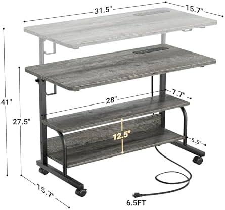 32" Height Adjustable Standing Desk with Power Outlets - Manual Rolling Stand Up Desk with Wheels Small Portable Computer Desk Mobile Laptop Table with Storage Shelves for Home Office, Grey Oak - Image 3
