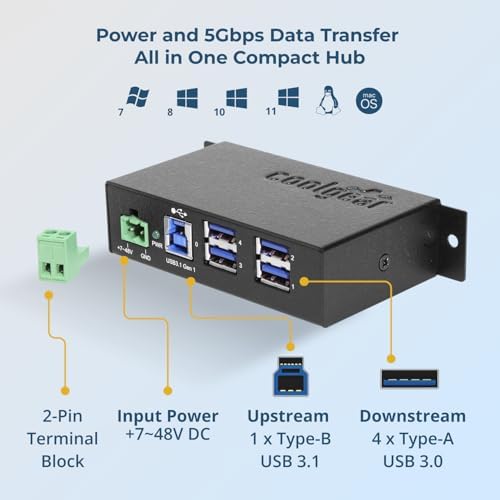 Coolgear 4 Port USB 3.0 Powered Industrial USB Hub, 5Gbps Speeds, Metal Housing, 7-48V DC Input, Wall and DIN-Rail Mountable, ESD Surge Protection - PC, MAC Compatible - Image 5