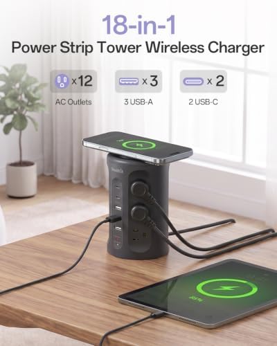 Power Strip with USB Ports,Extension Cord with Multiple Outlets (12AC+3A+2C), 6.5 FT Desk Black Power Strip Tower Charging Station for Home, Office, College Dorm Essentials - Image 2