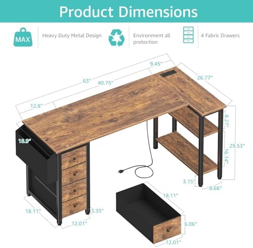 Lufeiya L Shaped Computer Desk with Drawers & Storage Shelves, 63 Inch Corner Desk with Power Outlet for Home Office Bedroom, L-Shaped Teen PC Gaming Desks with Fabric Drawer, Rustic Brown - Image 3