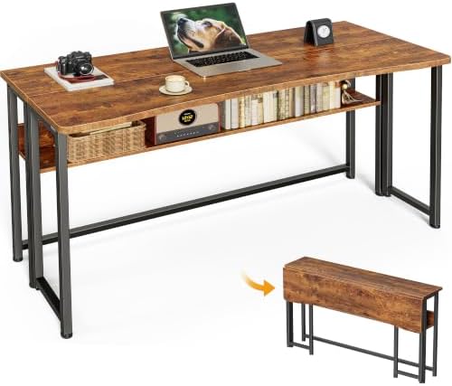 Huuger Folding Desk with Storage Shelf, 47.2 Inch Foldable Computer Table by Huuger