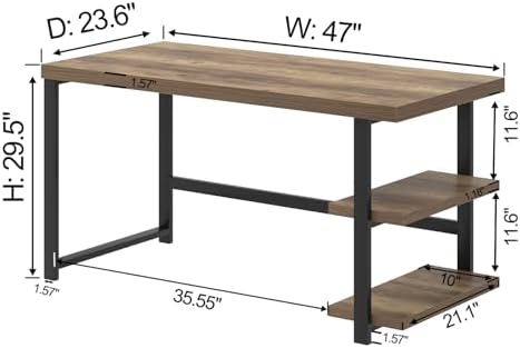 FOLUBAN Computer Desk, Wood and Metal Home Office Desk with Storage Shelves, Small Study Writing Table Workstation for Bedroom Living Room, Rustic Oak, 47 Inch - Image 2