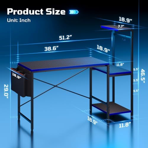 51.2'' Gaming Desk with LED Lights, Black&Blue - Image 3
