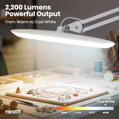 Neatfi XL 2200 Lumens 20W LED Desk Lamp with Clamp – Adjustable Color Temperature | 4-Level Dimmable Light | Home Office, Crafts & Workbench | 20-Inch Wide Head (White, CCT with Base) - Image 6
