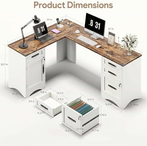 Decofy 67" Farmhouse L Shaped Standing Desk with Drawers Home Office Executive Desks with Fast Charging Station, Lockable File Cabinet, Wood Writing Computer Desk for Work, Study, White - Image 2