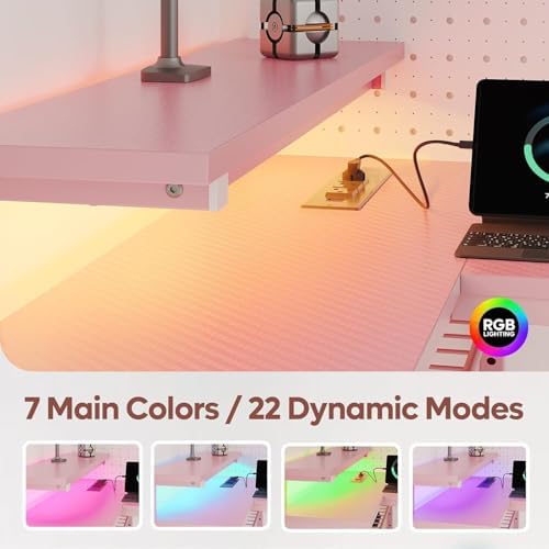 Bestier 42-Inch Pink L-Shaped Gaming Desk with Charging & LED - Image 4