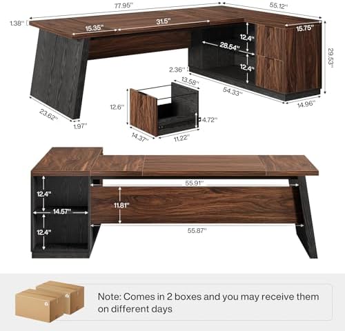 Tribesigns 78" L Shaped Executive Desk, Large Office Desk with Drawers and Storage Shelves, Modern Corner Computer Table Business Furniture for Home Office (Walnut & Brown) - Image 2