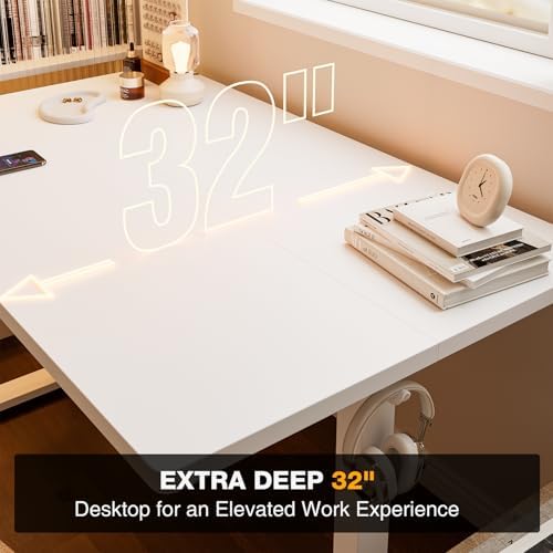 Grandder 55x32 Large Electric Standing Desk, Height Adjustable Computer Desk with 2 Memory Presets, 31.5" Deep Desktop Sit Stand Desk Home Office Desk Workstation Table with Hooks, White - Image 4