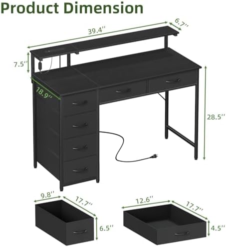 Somdot Computer Desk with Power Outlet and LED Lights, Desk with 6 Drawers - Image 3
