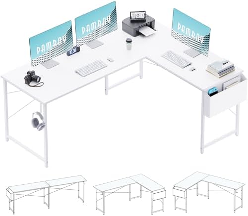 Pamray 64.5 Inch Reversible L Shaped Gaming Desk Large Corner Computer Desk with Storage Bag Home Office Table for Writing Study White - Image 4
