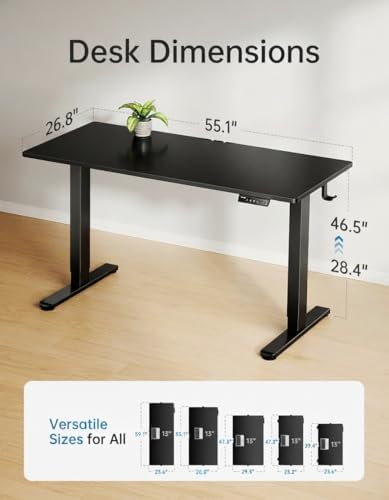 HUANUO Electric Standing Desk, Whole Piece Desktop, Adjustable Height Computer Desk, 4 Height Memory Settings, Sit Stand Up Desk for Home Office, 55" x 27", Black - Image 3