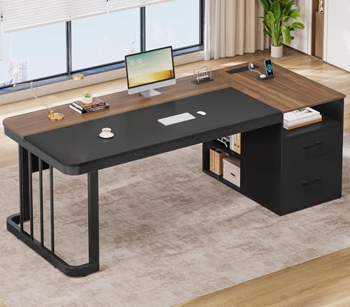 70.9" Executive Desk with Power Outlet, Large Office Desk with Drawers & Lateral File Cabinet, Long Computer Desk with Adjustable Storage Shelves, Modern Workstation Business Furniture (Walnut) by UPOSOJAWishesYouaNiceDay
