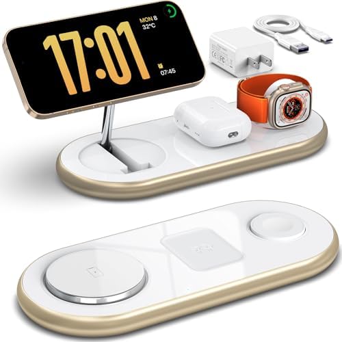 Magnetic Charging Station, 3 in 1 Faster Mag-Safe Wireless Charger Stand, Wireless Charging Pad for Apple Devices, iPhone 17/16/15/14/13/12 Series, iWatch Series, AirPods (Golden) by okFlyman
