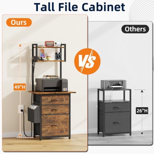 HIGDBFE 3 Drawer File Cabinet with Charging Station, 49''H Tall, 3-Tier Small Filing Cabinet for Home Office, 20''*15'' for Small Printer, Fabric Drawer, Printer Stand, Rustic Brown - Image 4