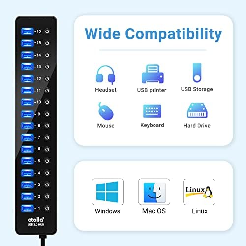 Power USB Hub 3.0, atolla 16 Port USB Splitter with 12V/6A Power Adapter and Individual Switches, High-Speed Data Transfer for Laptop, PC, Mac, and More Devices - Image 5