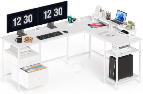 DUMOS 62 Inch L Shaped Computer Desk with Power Outlets, 62 Inch by DumosLifestyle