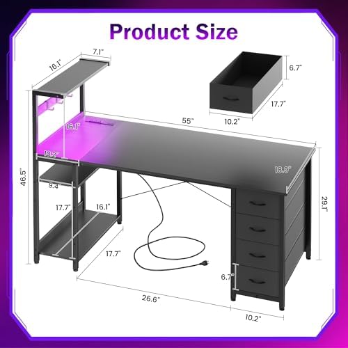 55in Gaming Computer Desk with Drawers & Storage Shelf & Iron Hook, Black - Image 3