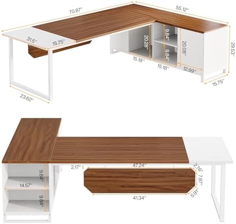 Tribesigns 70.8" L-Shaped Executive Desk with 55" File Cabinet, Large Home Office Computer Desk with Storage Shelves and Cabinet, Modern Business Furniture Set Home Office, Walnut White - Image 2