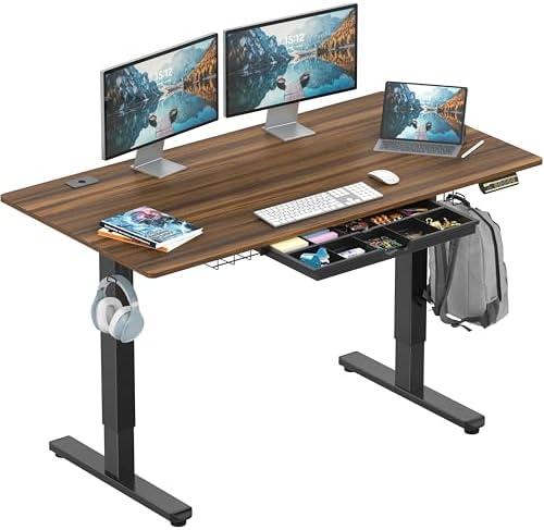SHW 55 x 28 Electric Height Adjustable Standing Desk w/Drawer, Walnut by SHW