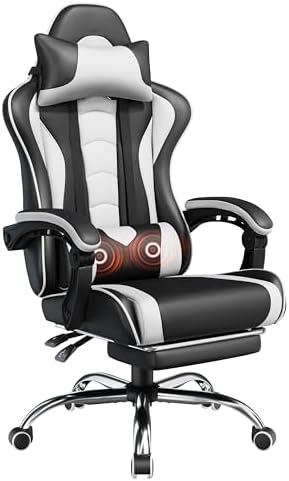 Yaheetech Gaming Chair with Footrest Massage Lumbar Pillow Black and White by Yaheetech