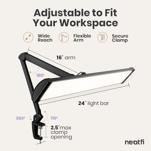 Neatfi Pro LED Desk Lamp with Clamp | 2,300 Lumens | CRI 95 | 30W Dimmable | Adjustable Color Modes | 360 LED Beads | Adjustable Arm for Home Office & Workbench (Black-5, 24-Inch Wide Shade) - Image 5