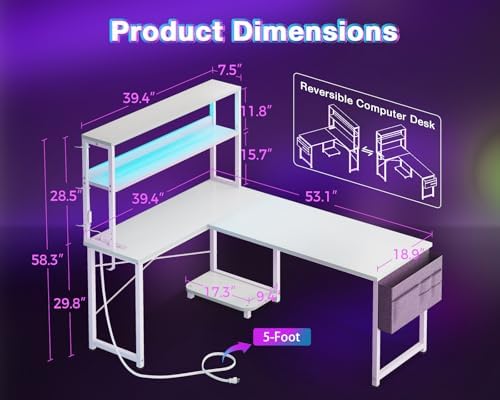 AODK L Shaped Desk Gaming Desk with LED Light & Power Outlet - Image 3