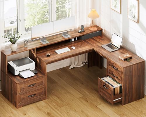 OffiGo Farmhouse 68 Inch L Shaped Executive Desk with Drawers, Walnut by OfficeGo-ForHomeOfficeWork