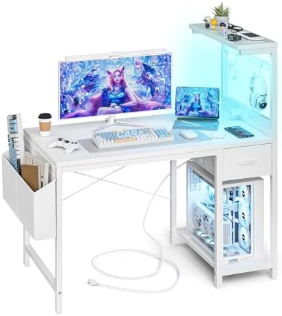 Grandder Gaming Desk 40 Inch with Power Outlet and LED Light, Computer Desk with Reversible Shelves and Storage Drawer, Pc Small Desk for Home Office Table with Bag, Carbon Fiber White by Grandder