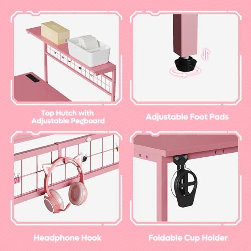 Bestier 51" L Gaming Desk with Power Outlets LED Lights, Carbon Fiber Pink - Image 6