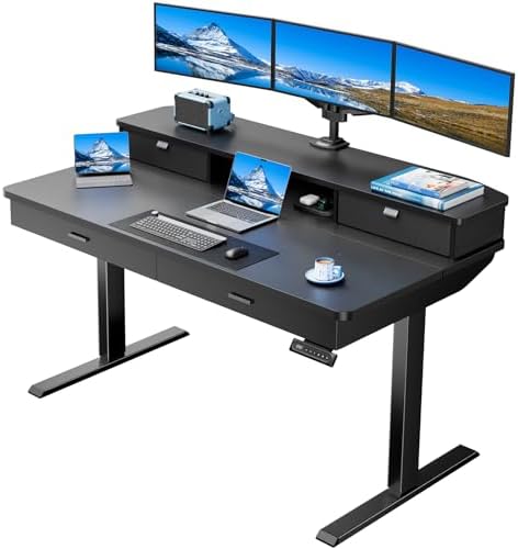 HUANUO 55 x 30 inch Electric Standing Desk with 2 Wood Drawers, Adjustable Height Sit Stand Desk for Home Office, Ergonomic Stand up Desk with 4 Memory Presets, 176 lbs Capacity, Black Top by HUANUO