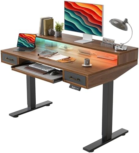TIQLAB Standing Desk with Two Drawers, Stand Up Standing Desk Adjustable Height, Electric Sit Stand Table with Storage Shelf and Splice Board, with LED Light, 47 * 28 inch, Black Walnut by TIQLAB